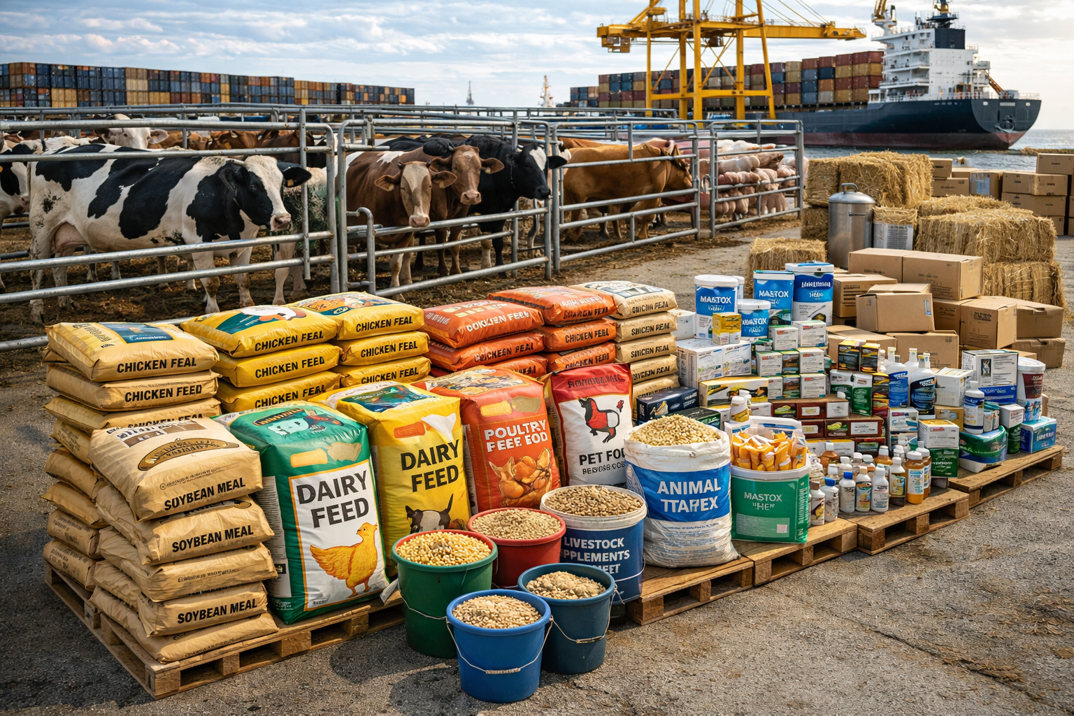 Livestock animal feed and related supply solutions for commercial agriculture and food markets